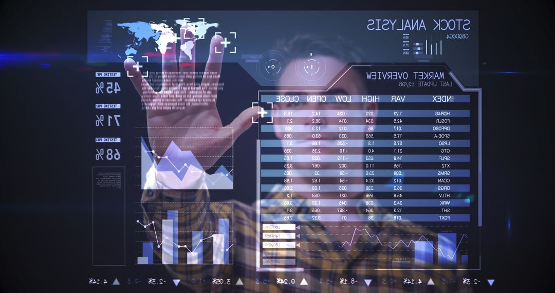 Man Interacting with Virtual Reality Interface Analyzing Stock Market Data - Free Images, Stock Photos and Pictures on Pikwizard.com