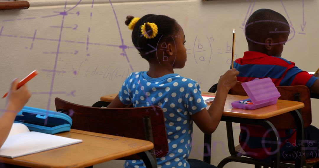 Students Engaged in Mathematics Class with Formulas Overlay