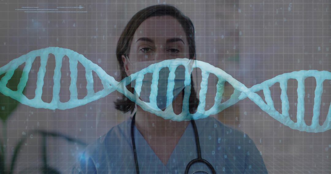 Clinician wearing scrubs and stethoscope with digital DNA double helix overlay