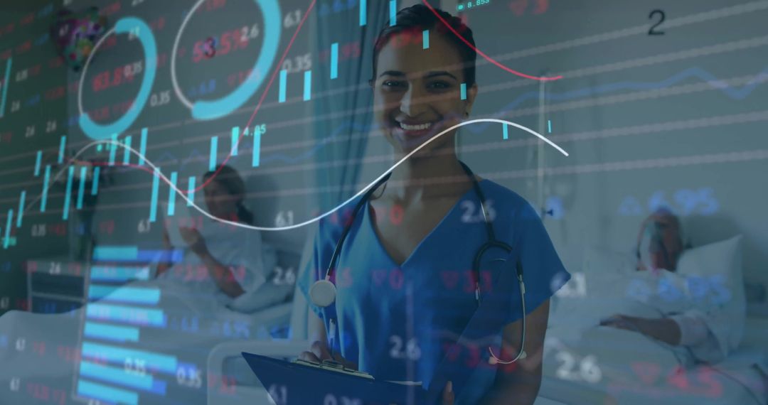 Healthcare Data and Nursing Overlay with Smiling Nurse in Blue Scrubs