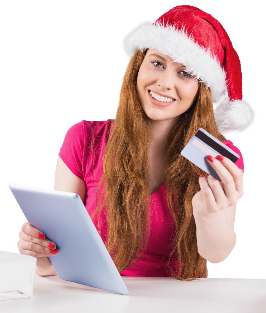 Festive Redhead Woman Shopping Online with Tablet, Santa Hat, Credit Card - Download Free Stock Images Pikwizard.com