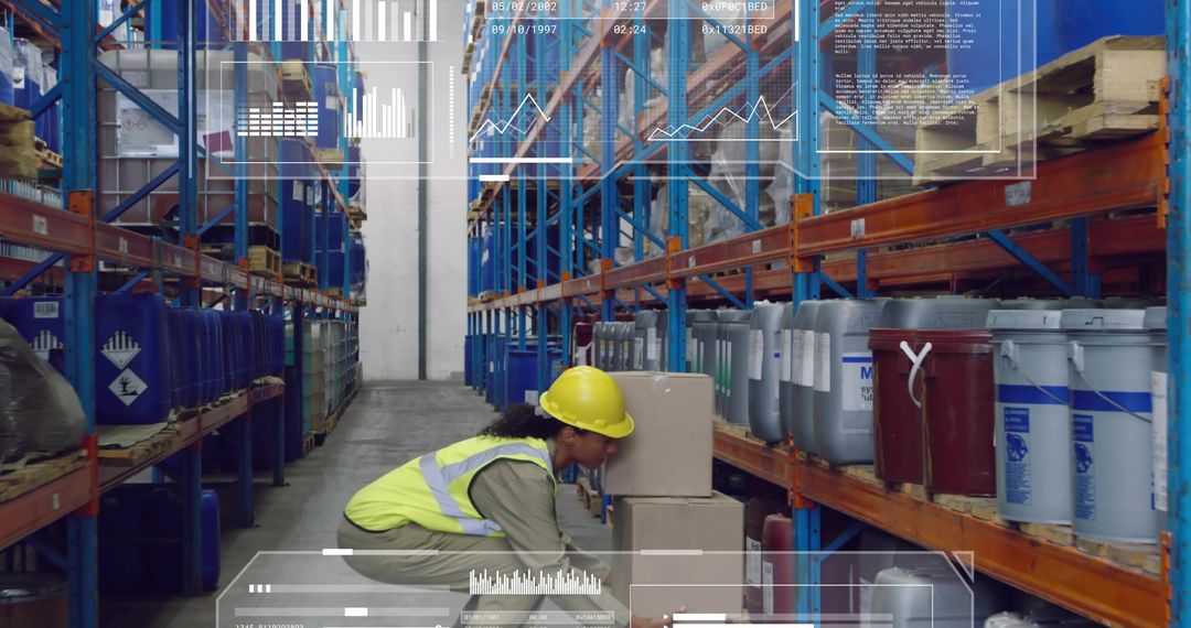 Warehouse worker wearing yellow hardhat handling boxes in blue racking with HUD overlay