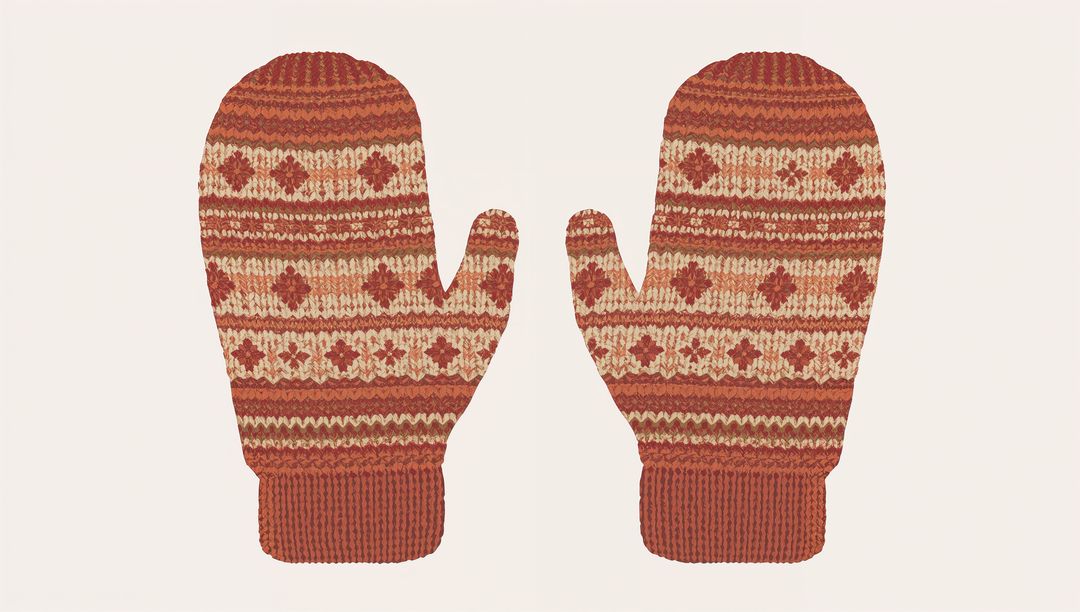 Featuring Fair Isle Mittens in Rust and Cream, Knitted Winter Gloves Flatlay