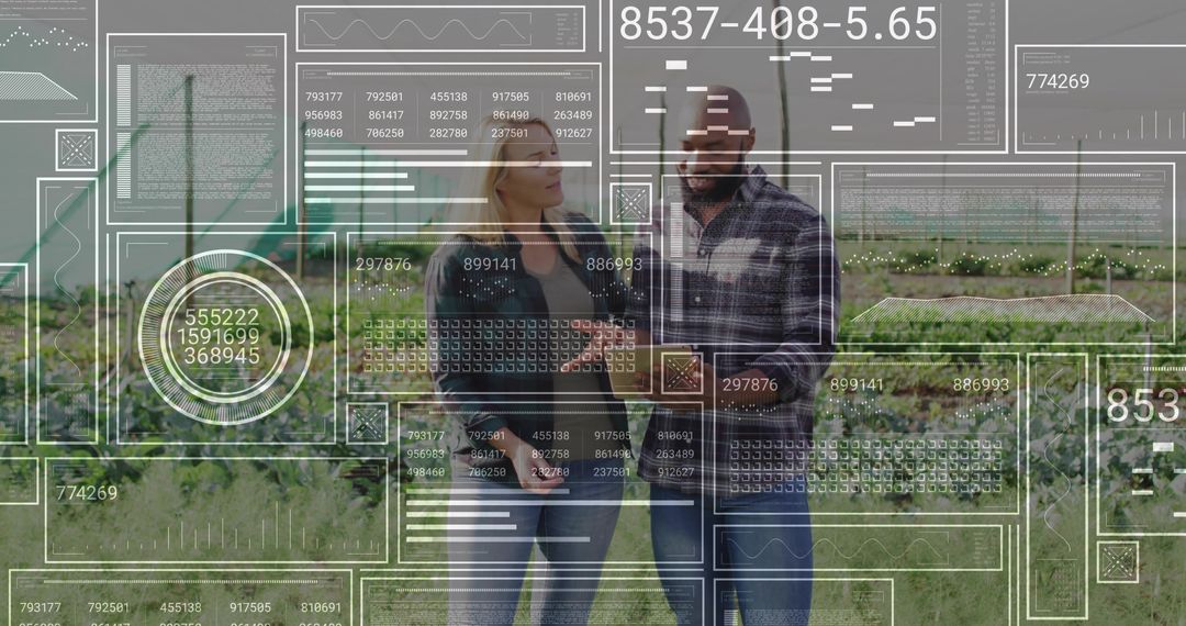 Two Agricultural Experts Using Digital Tablet in Field with AI Visuals