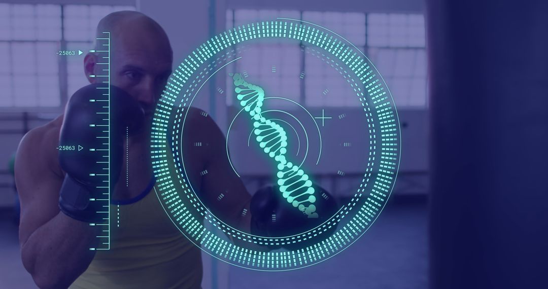 Caucasian Male Boxer Training with Digital Interface Overlay