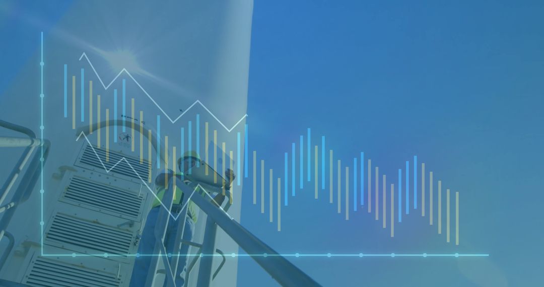 Engineer Climbing Wind Turbine with Digital Data Overlay