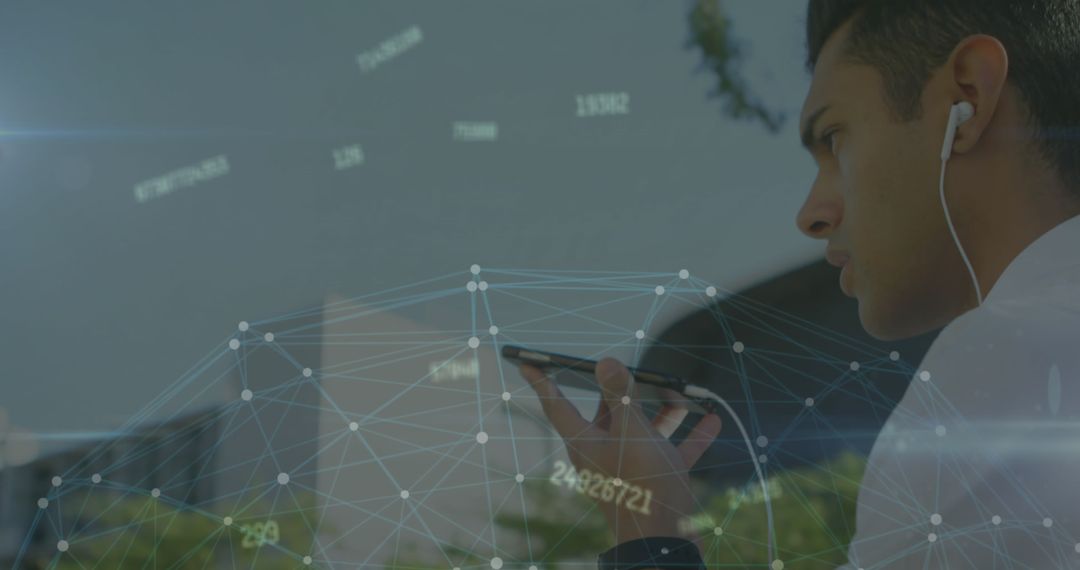 Young Professional Using Smartphone with Virtual Data Overlay