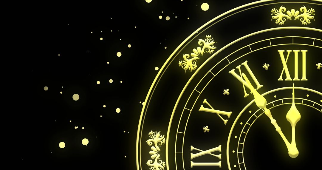 Midnight Clock with Fireworks on Black Background