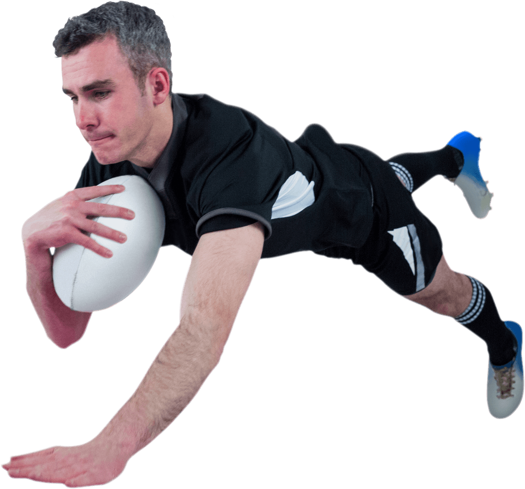 Rugby Player in Action with Ball During Try on Transparent Background