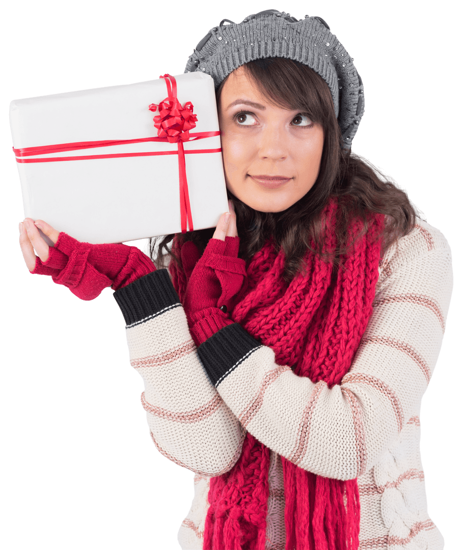 Festive Brunette Holding Gift with Red Ribbon