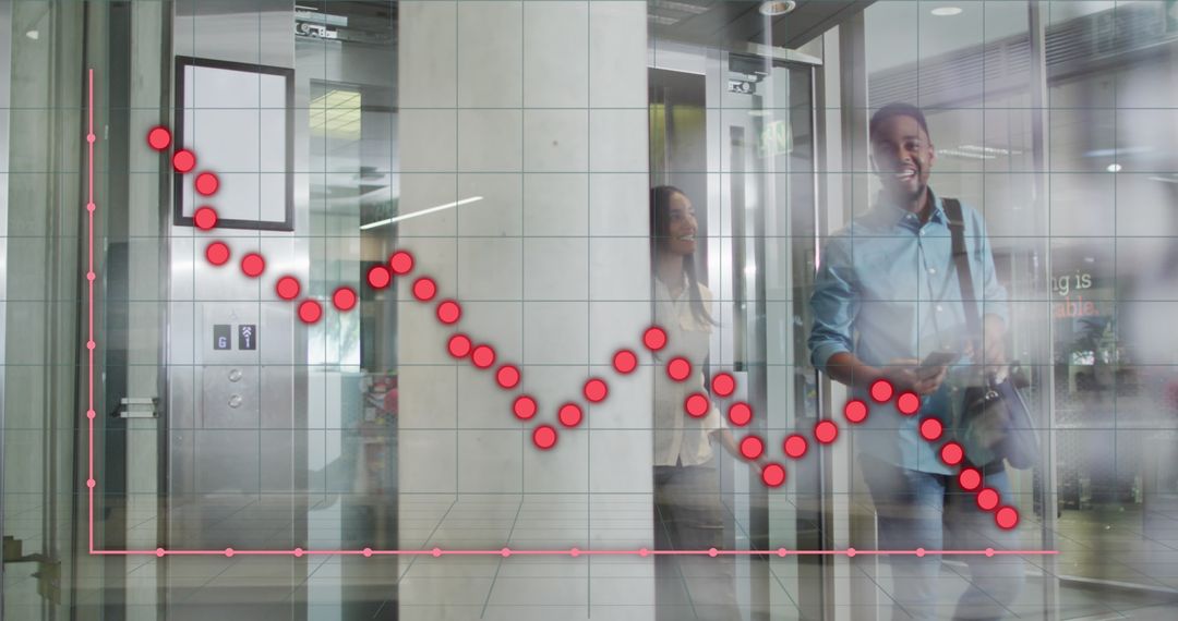 Businessman Walking Through Modern Office with Declining Graph Overlay