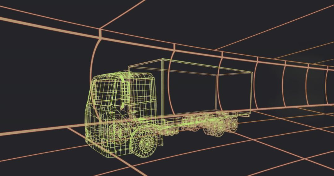 Neon Wireframe Box Truck in Futuristic 3D Tunnel Grid Showing Perspective Vanishing Lines
