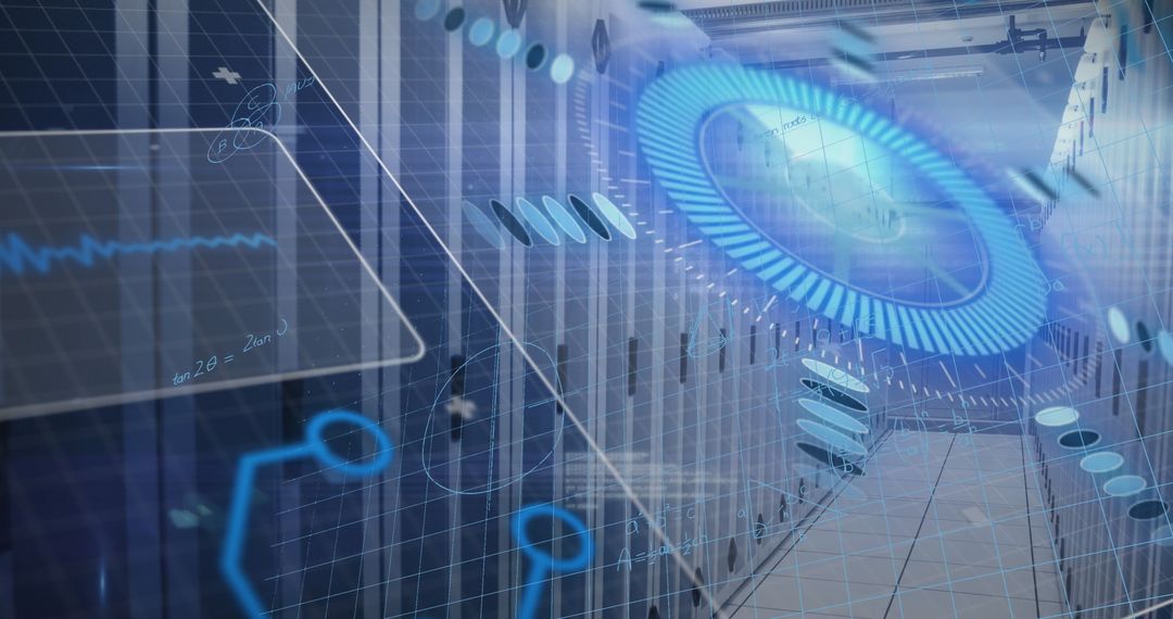 Server Room with Digital Interface Elements and Data Flow