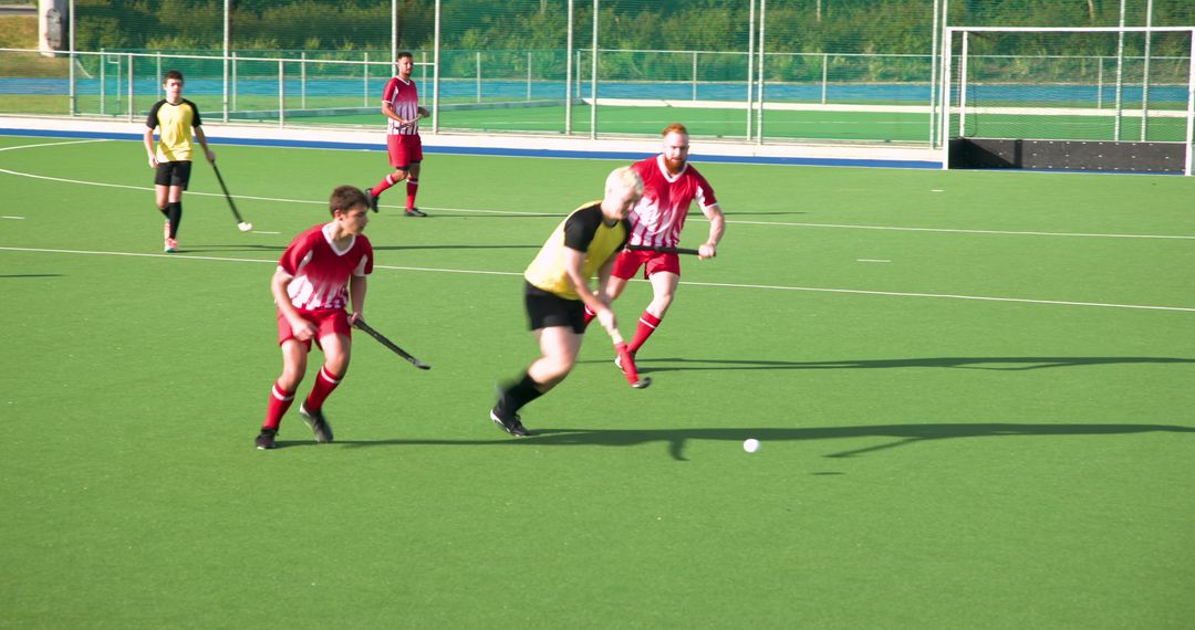 Competitive Field Hockey Match on Synthetic Turf During Sunny Day