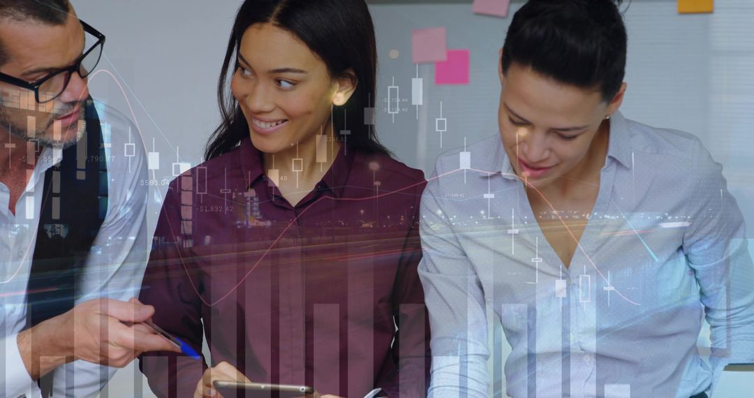 Team Collaborating on Financial Analytics Data Using Tablet in Modern Office