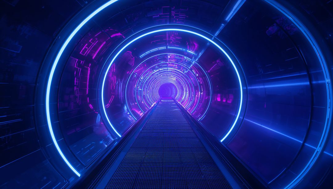 Futuristic Sci-Fi Tunnel with Glowing Neon Lights and Portal