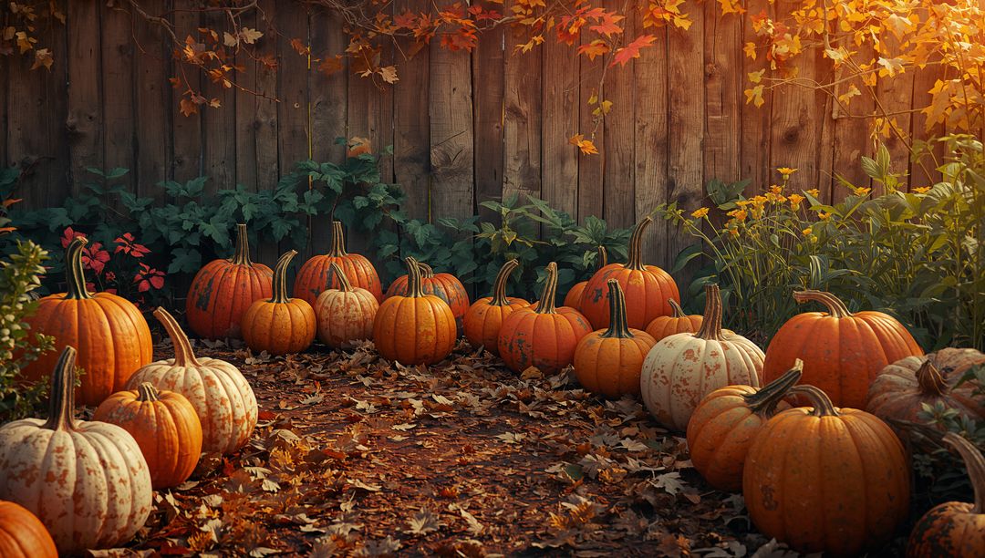 Rustic Autumn Garden with Pumpkins and Falling Leaves