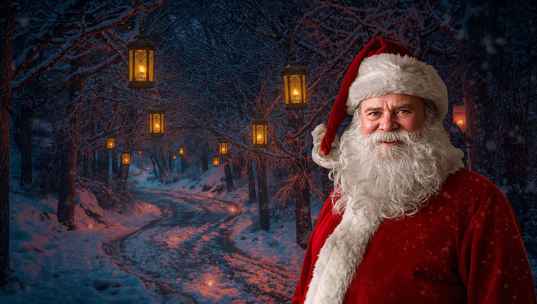Santa Claus in Snowy Forest with Lanterns