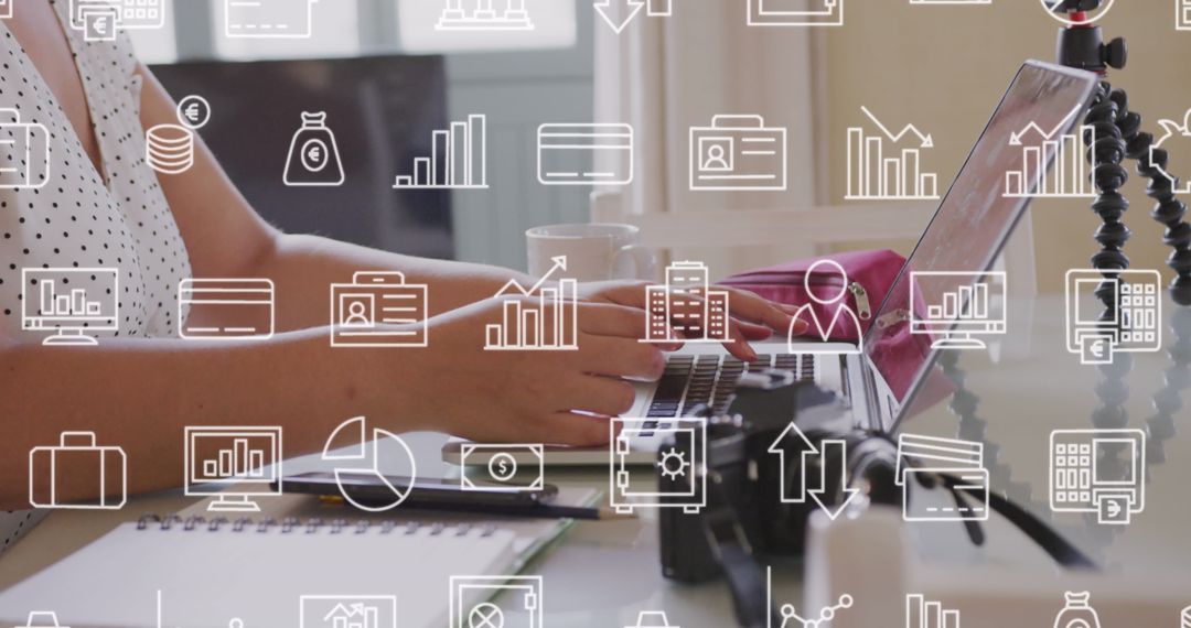 Businesswoman Analyzing Data with Financial Icons Overlay