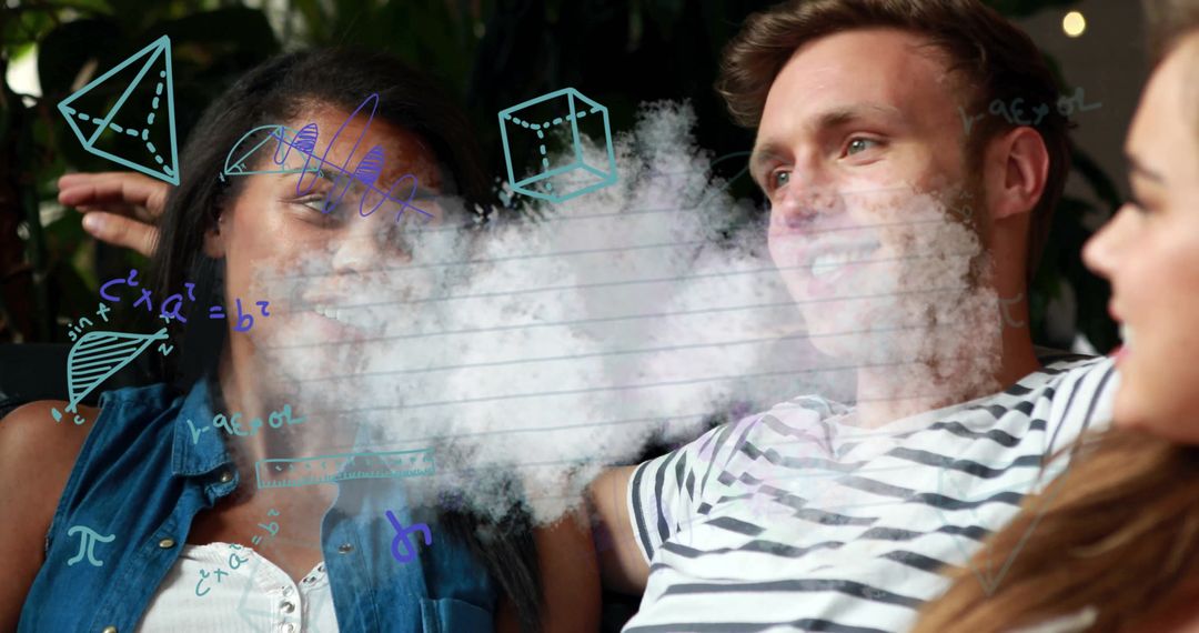 Friends Relaxing with Vapor and Mathematical Symbols Illustrating Thought