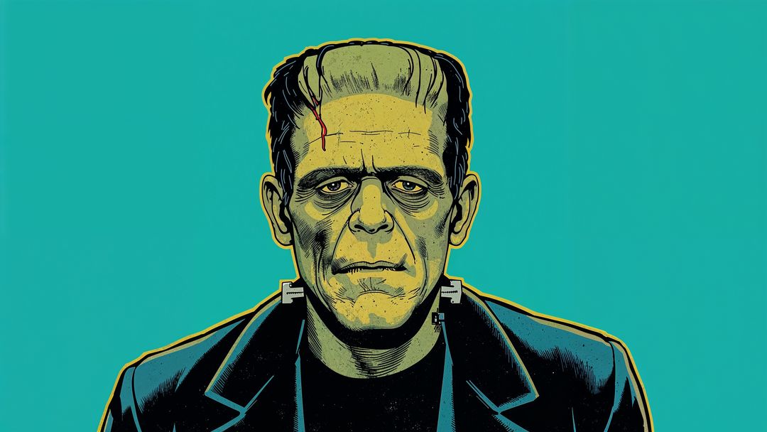 Moody Portrait of Frankenstein's Monster on Teal Background