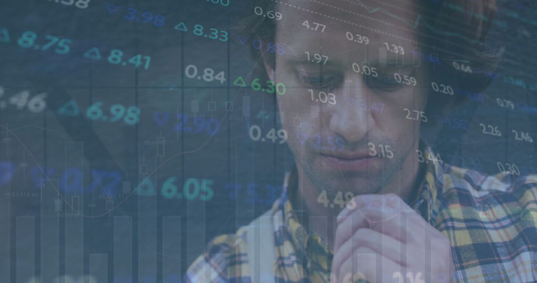 Pensive Man Analyzing Stock Market Data with Digital Charts Overlay