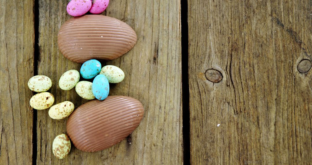 Chocolate Easter Eggs and Candy on Wooden Tabletop - Free Images, Stock Photos and Pictures on Pikwizard.com