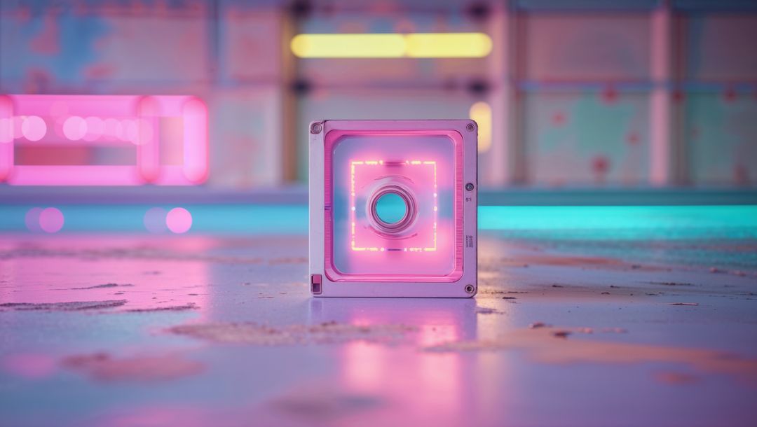 Futuristic Neon Cube Illuminating Tech Lab