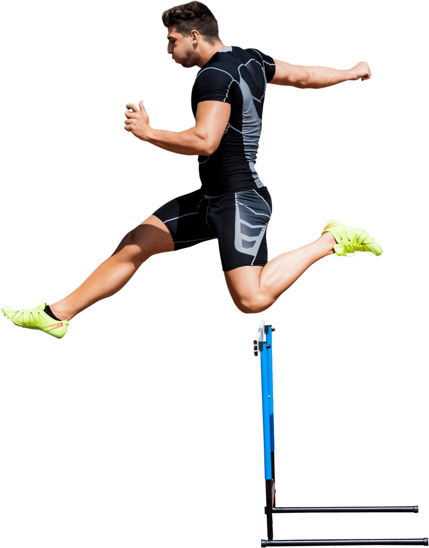 Dynamic Athlete Hurdling on Transparent Background