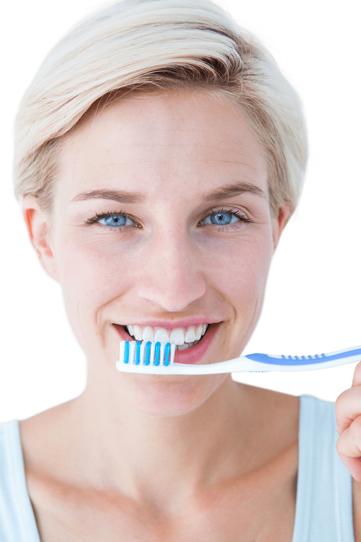 Transparent Smiling Woman Brushing Teeth with Toothbrush