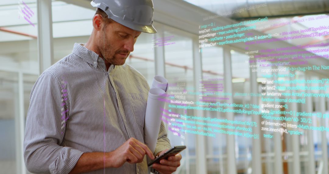 Engineer Using Smartphone with Digital Code Overlay
