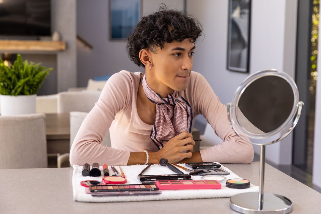 Man Applying Makeup with Vanity Tools at Home