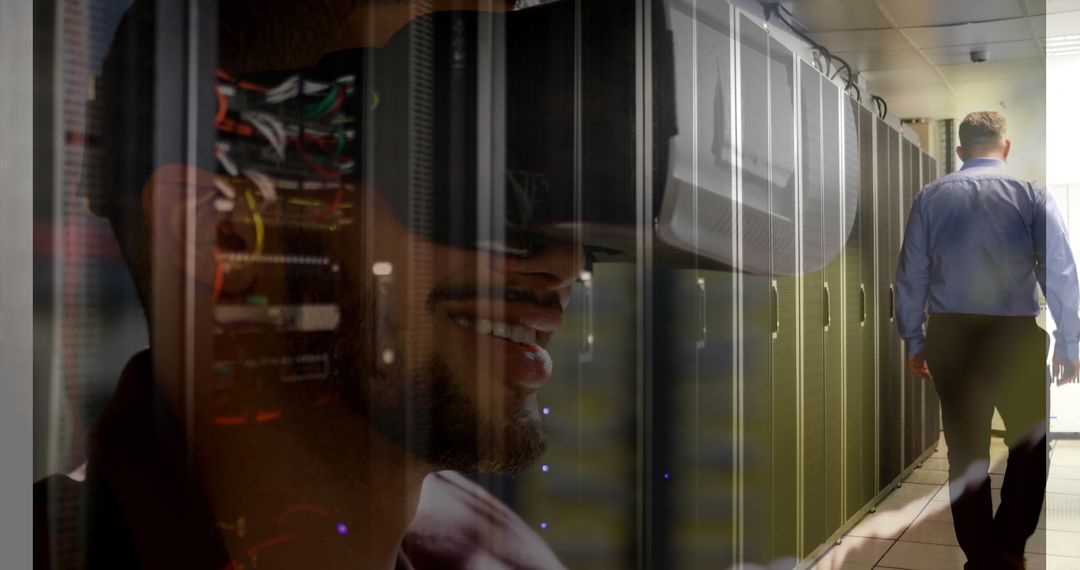 Man Using VR Headset in Modern Server Room Environment