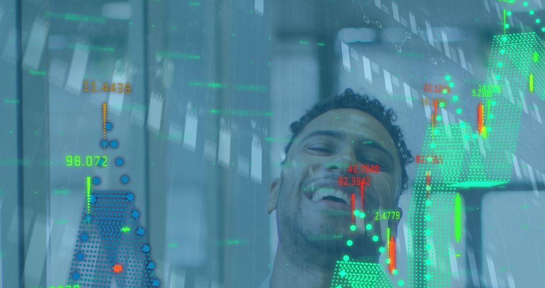 Businessman Engaging with Virtual Data Display in Corporate Setting