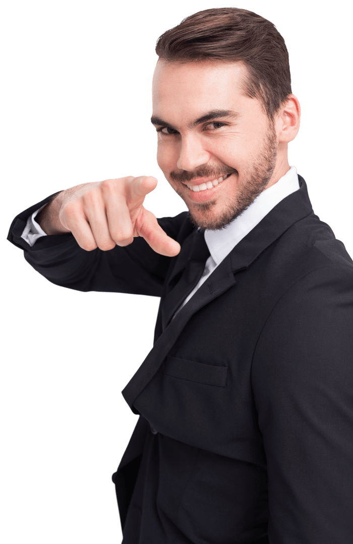 Transparent Happy Businessman Pointing Forward