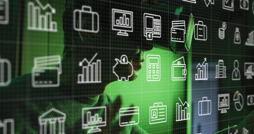 Asian Man Using VR Headset with Financial Digital Icons