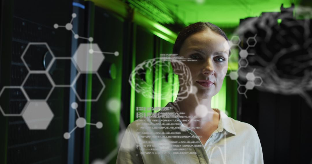 Businesswoman with Virtual Brain Interface in Server Room
