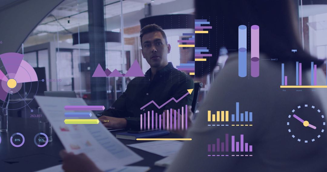 Business Professionals Analyzing Futuristic Virtual Financial Data