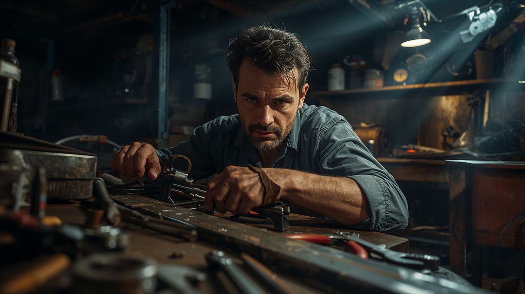 Focused craftsman examining metal part at cluttered workbench with caliper and vise