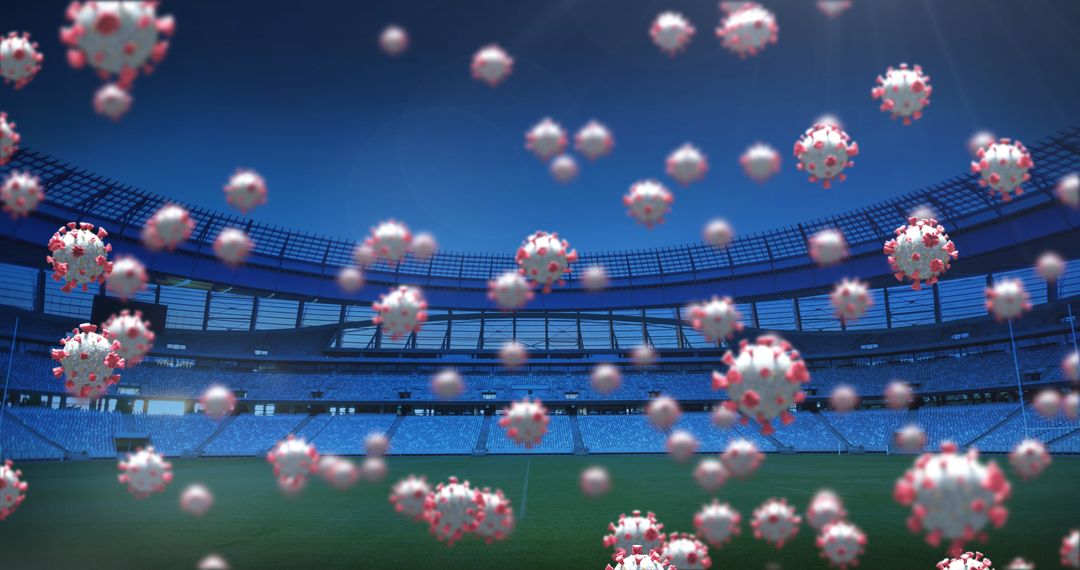3D Coronavirus Cells Floating Over Empty Sports Stadium