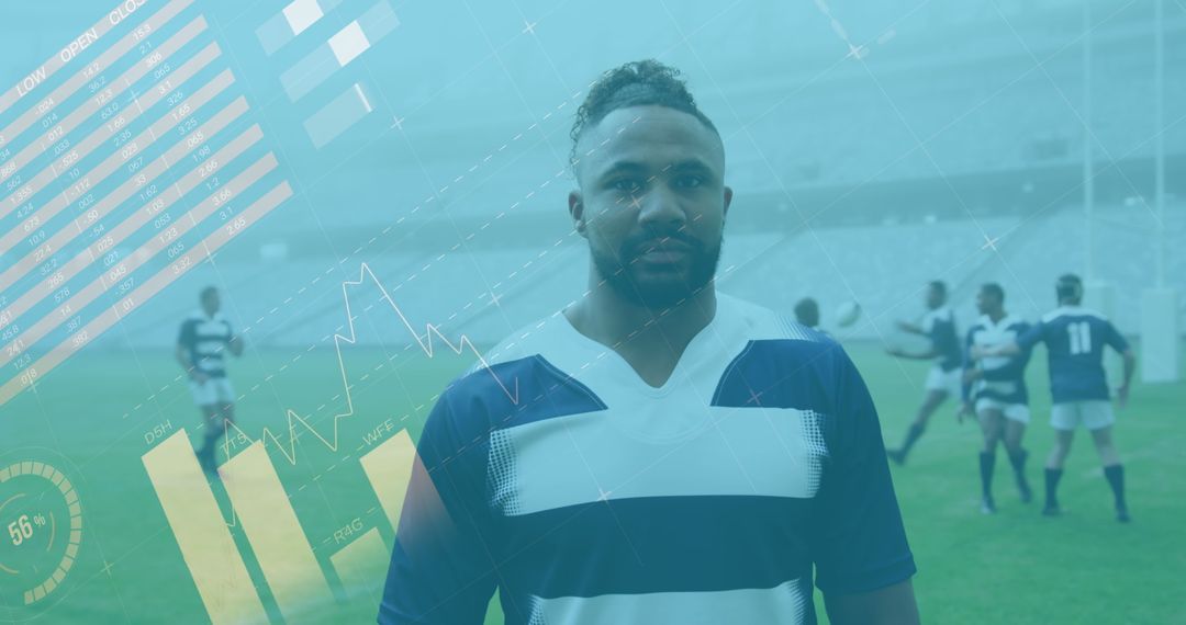 Rugby Player with Digital Statistics Interface