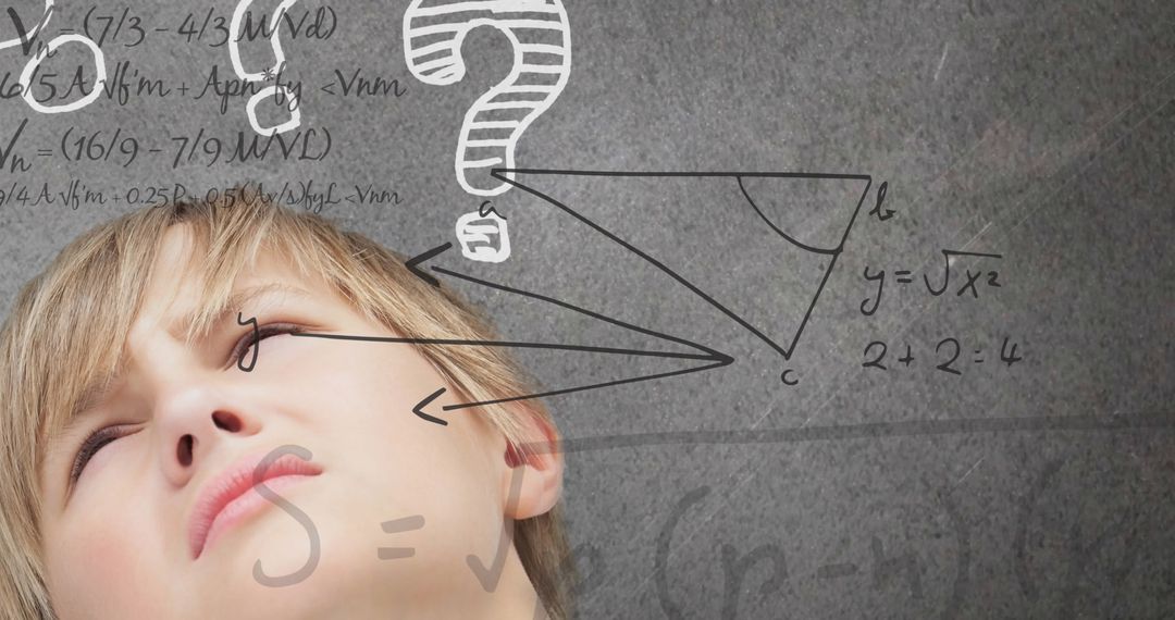 Schoolboy Deep in Thought with Mathematical Formulas