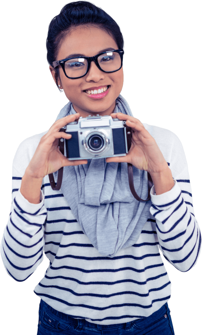 Transparent Image of Smiling Woman Holding Camera Enthusiastically