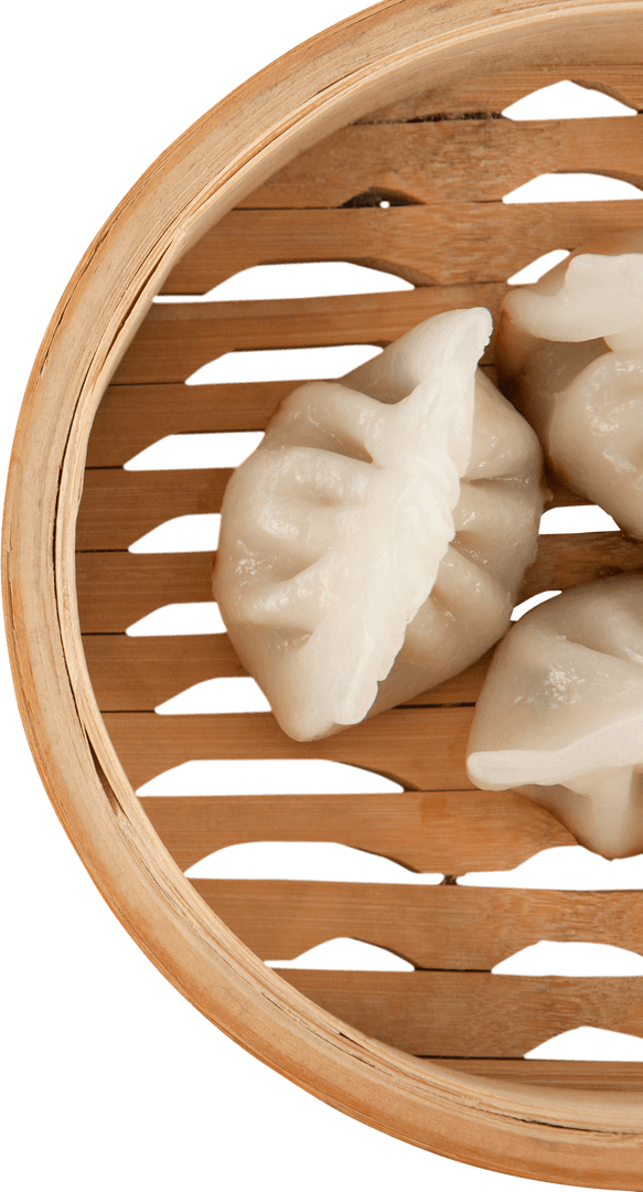 Appetizing Dim Sum Dumplings in Bamboo Steamer - Transparent Background