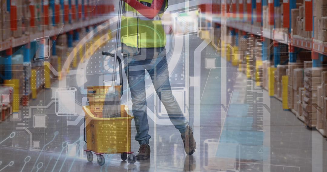 Warehouse Worker Cleaning with Data Technology Overlay
