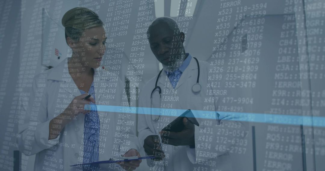Doctors reviewing clinical data with error overlay, digital healthcare collaboration