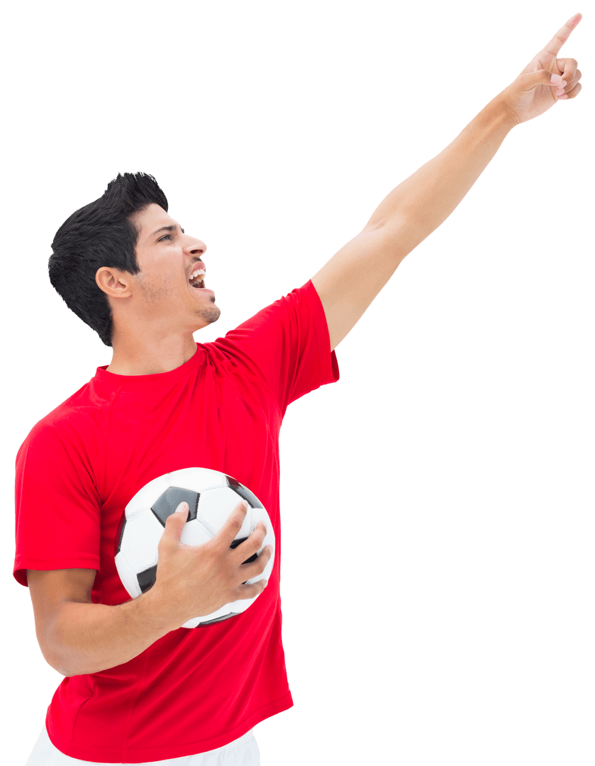 Hispanic Footballer Celebrating with Soccer Ball Transparent Background