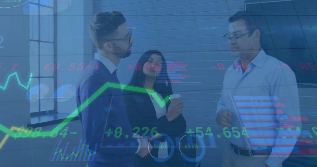 Team Discussing Financial Trends in Modern Office with Futuristic Overlay