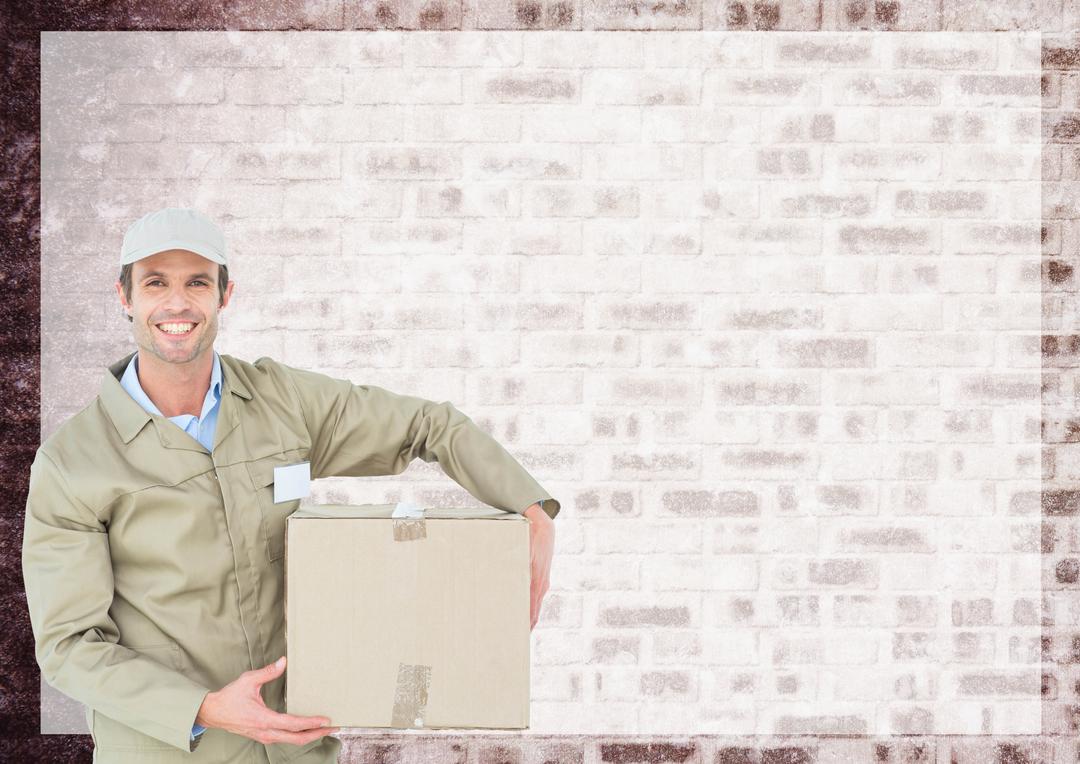 Delivery man holding box against wall in background - Free Images, Stock Photos and Pictures on Pikwizard.com