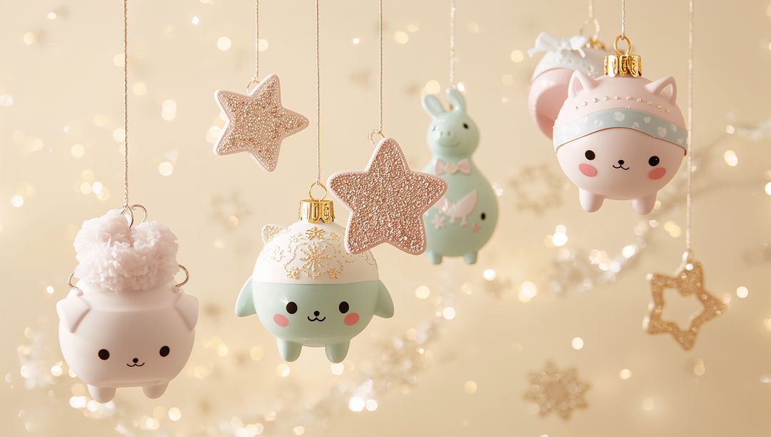 Pastel Animal Baubles Hanging with Glitter Stars Snowflake Details Soft Beige Bokeh